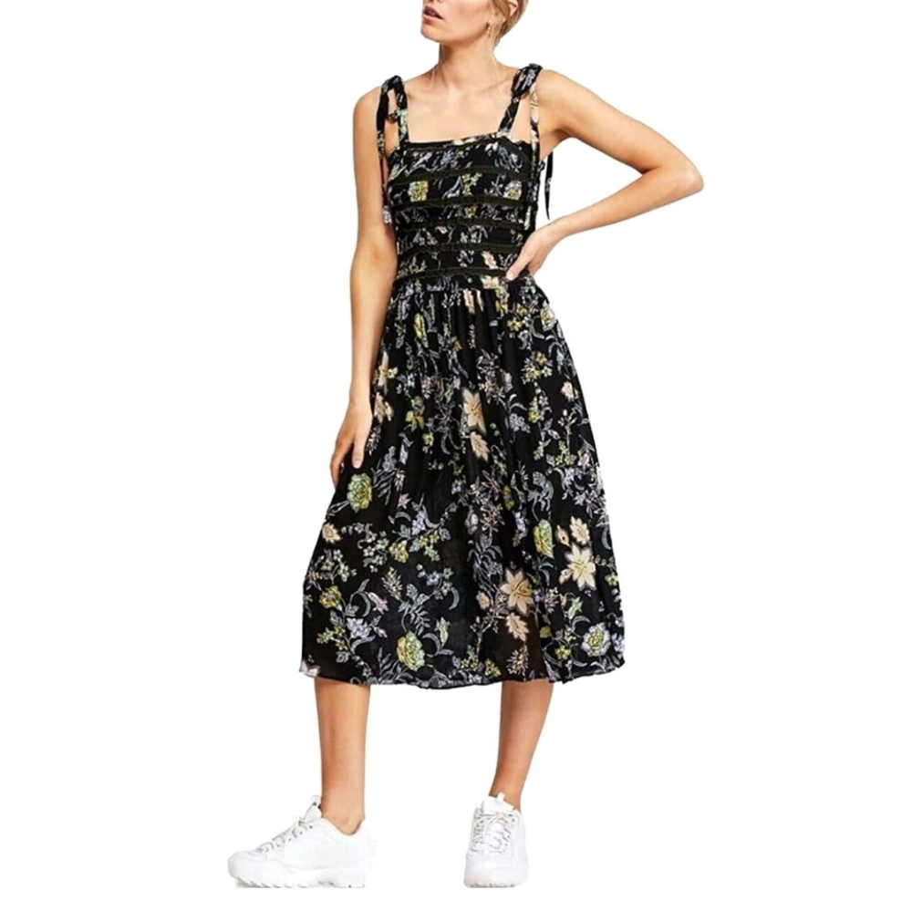 Free People Isla Black Midi Dress Floral Tie Strap Summer Sundress